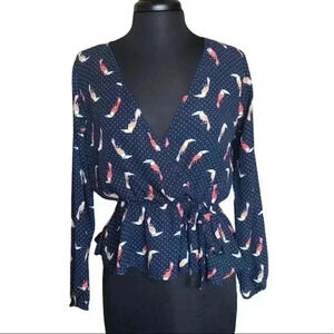 Wishful Polka Dot and Bird Multicolor Casual Long Sleeve Wrap Blouse Size S